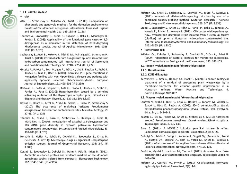 International Journal of Hygiene and Environmental Health, 211: 143-155 (IF: 2,158) Táncsics A., Szoboszlay S., Kriszt B., Kukolya J., Baka E., Márialigeti K., Révész S.