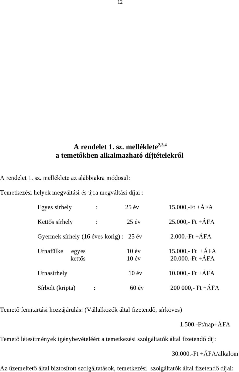000,- Ft +ÁFA Sírbolt (kripta) : 60 év 200 000,- Ft +ÁFA Temető fenntartási hozzájárulás: (Vállalkozók által fizetendő, sírköves) 1.500.