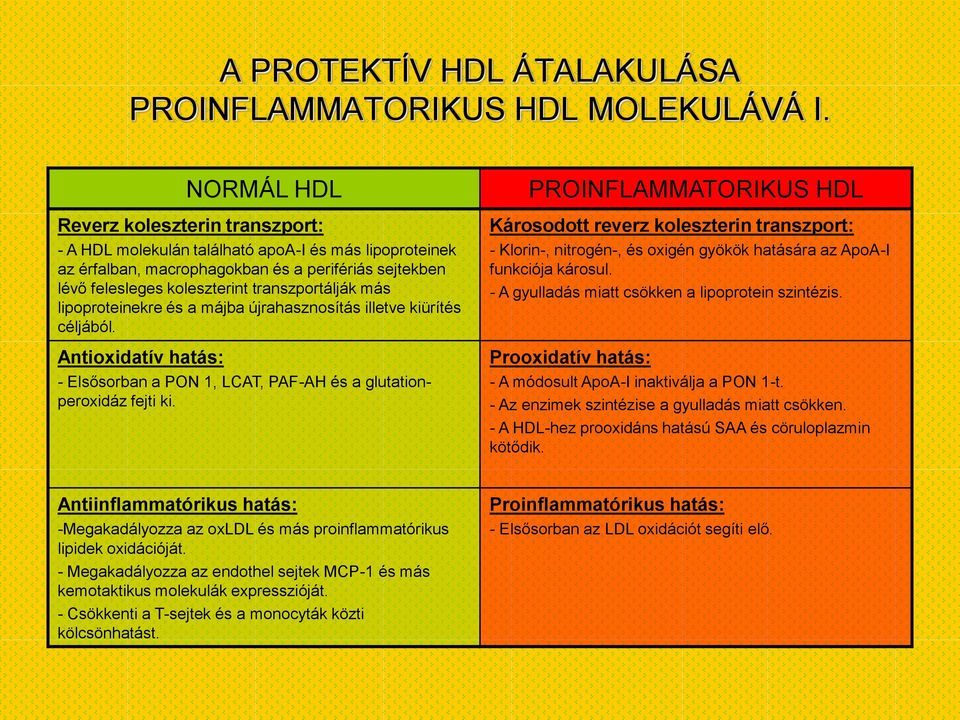 más lipoproteinekre és a májba újrahasznosítás illetve kiürítés céljából. Antioxidatív hatás: - Elsősorban a PON 1, LCAT, PAF-AH és a glutationperoxidáz fejti ki.