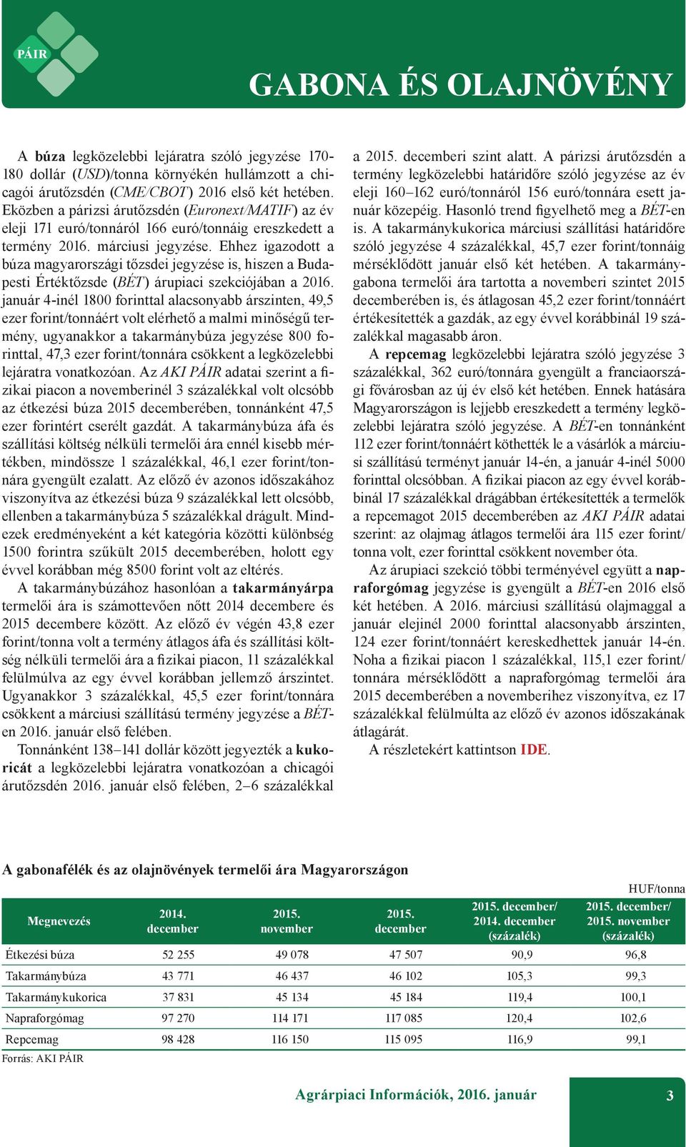 Ehhez igazodott a búza magyarországi tőzsdei jegyzése is, hiszen a Budapesti Értéktőzsde (BÉT) árupiaci szekciójában a 2016.