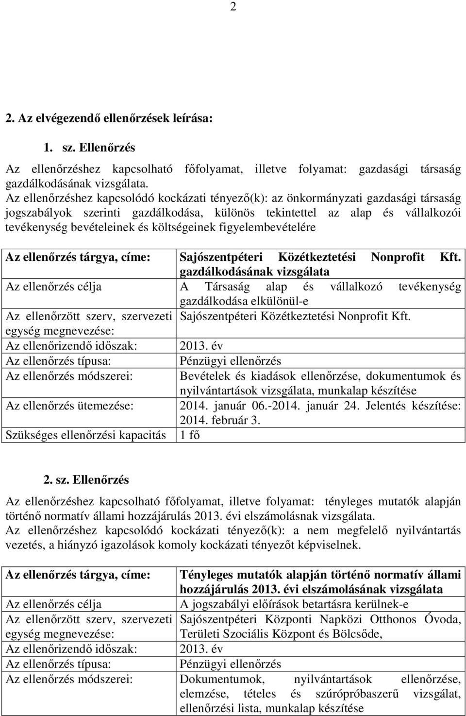 költségeinek figyelembevételére Az ellenırzés tárgya, címe: Sajószentpéteri Közétkeztetési Nonprofit Kft.