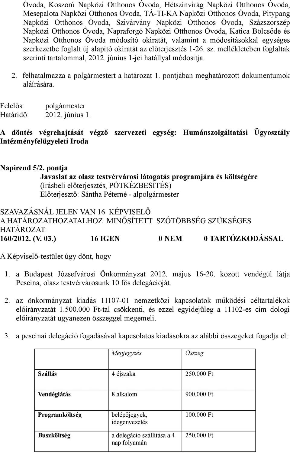 foglalt új alapító okiratát az előterjesztés 1-26. sz. mellékletében foglaltak szerinti tartalommal, 2012. június 1-jei hatállyal módosítja. 2. felhatalmazza a polgármestert a határozat 1.