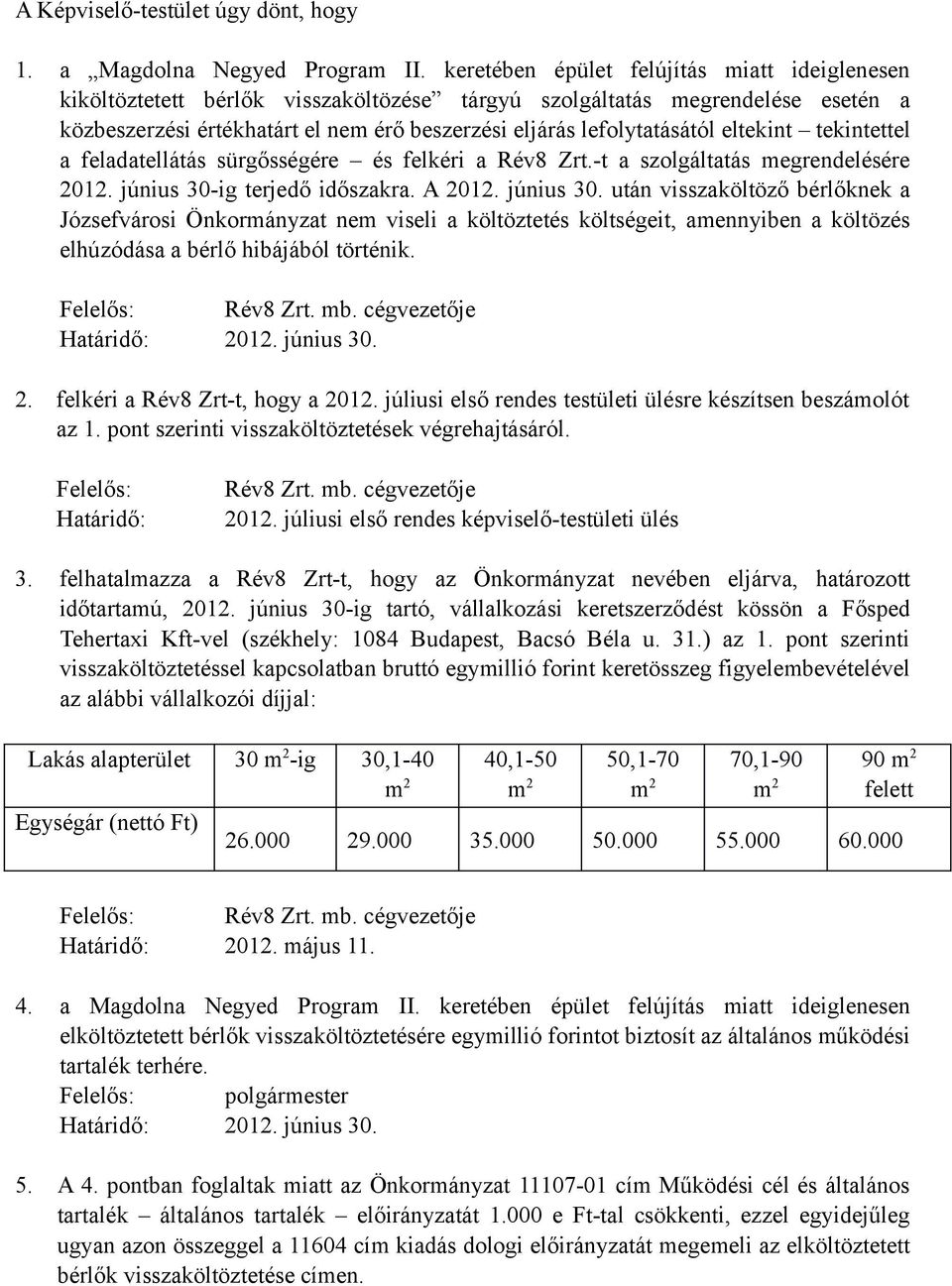 eltekint tekintettel a feladatellátás sürgősségére és felkéri a Rév8 Zrt.-t a szolgáltatás megrendelésére 2012. június 30-