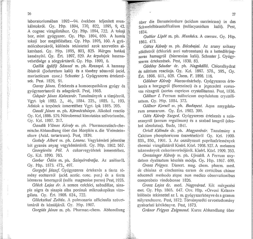 1897, 829. Az árpafajok hasznavehetösége a sörgyárlásról. Gy. Htp. 1899, 6. Oallik (gálfi) Sámuel m. ph. R.ozsuyó. A hamany iblatról (Jocluretum kalii) és a tömény sósavról (acid. 1nuriacticu111 conc.