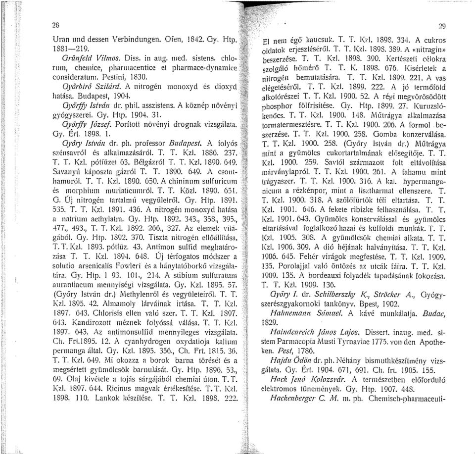 Porított nö\ ényi drognak vizsg.:ilata. Gy. Ért. 1898.!. Oyö1y /sfrán dr. ph. professor Budapest. A folyós szénsavról és a!kal1nazásáról. T. T. i(zl. 1886. 237. T. T. l(zl. pótfüzet 63. Bé!gázról T.