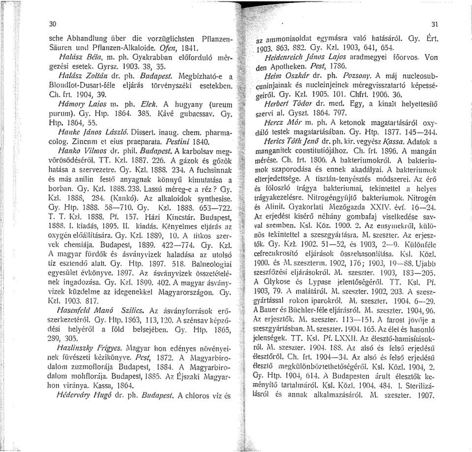 1864, 55. Hauflc /dnos László. Dissert. inaug. chem. pharn1acolog. Zincnn1 et eius praeparata. Pestini 1840. Hanko Vilmos dr. phil. Budapest. A karbolsav megvörösödéséről. TT. h::zl. 1887. 226.