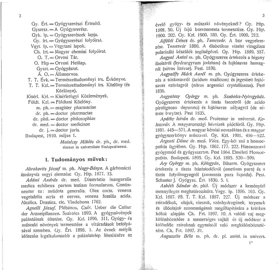 J(isérl. l(zl. = J(is~rletC!gyi l(özle111ények. föld!. 1\zl. =Földtani Közlöny. n1. ph. = 111agister pharn1aciae dr. ph. = doctor phar1naciae dr. phi\. = doctor philosophiae dr. 111ed.