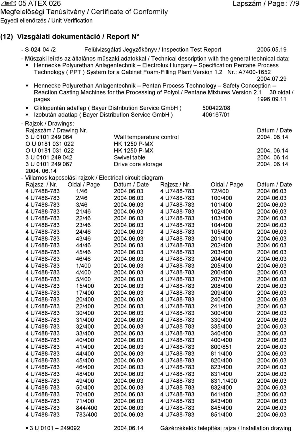 05.19 - Műszaki leírás az általános műszaki adatokkal / Technical description with the general technical data: Hennecke Polyurethan Anlagentechnik Electrolux Hungary Specification Pentane Process