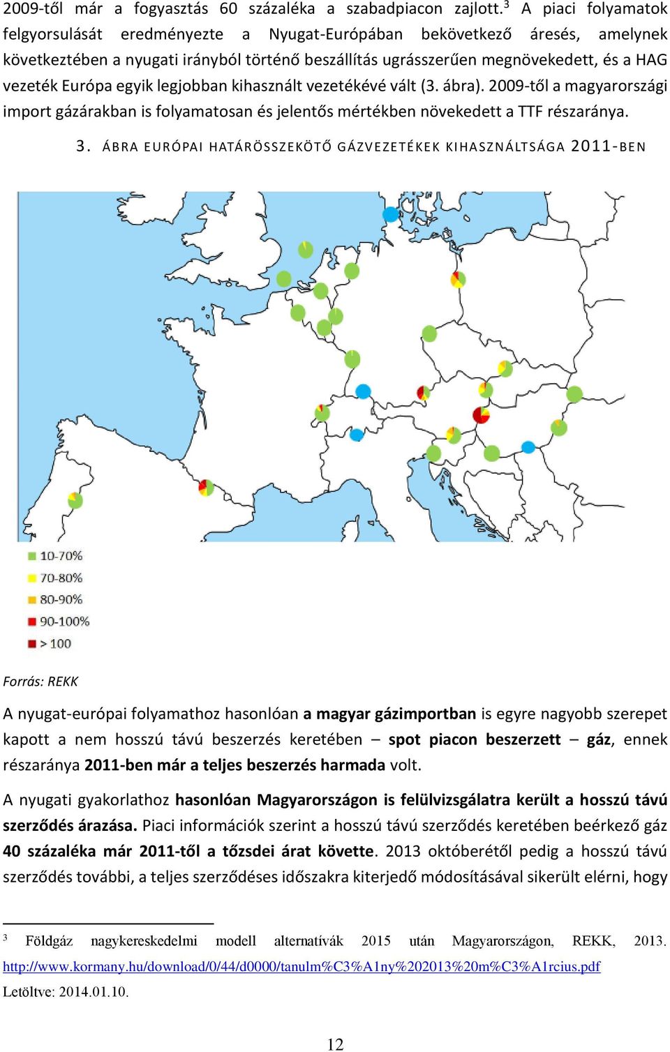 Európa egyik legjobban kihasznált vezetékévé vált (3. ábra). 2009-től a magyarországi import gázárakban is folyamatosan és jelentős mértékben növekedett a TTF részaránya. 3.
