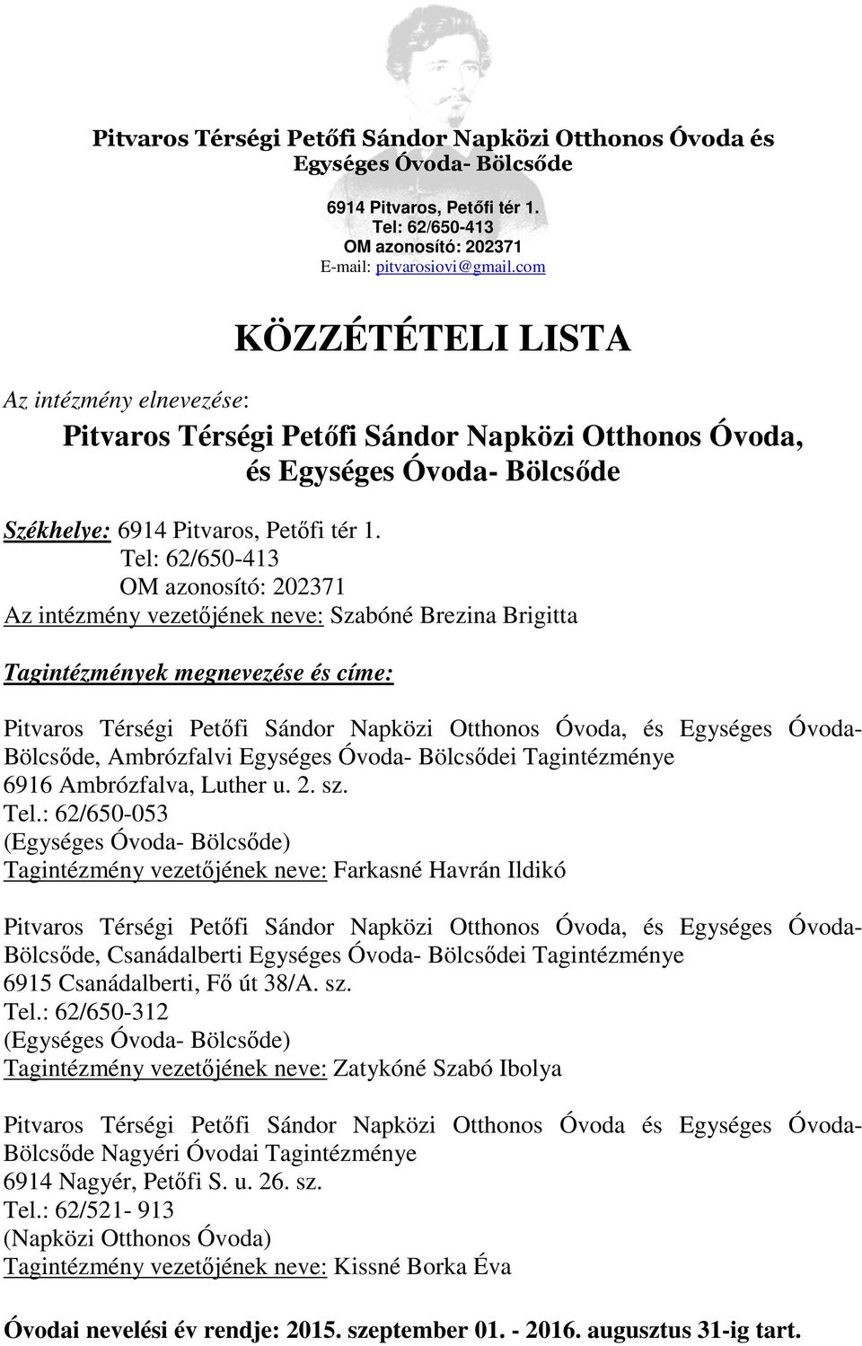 Tel: 62/650-413 OM azonosító: 202371 Az intézmény vezetőjének neve: Szabóné Brezina Brigitta Tagintézmények megnevezése és címe: Pitvaros Térségi Petőfi Sándor Napközi Otthonos Óvoda, és Egységes