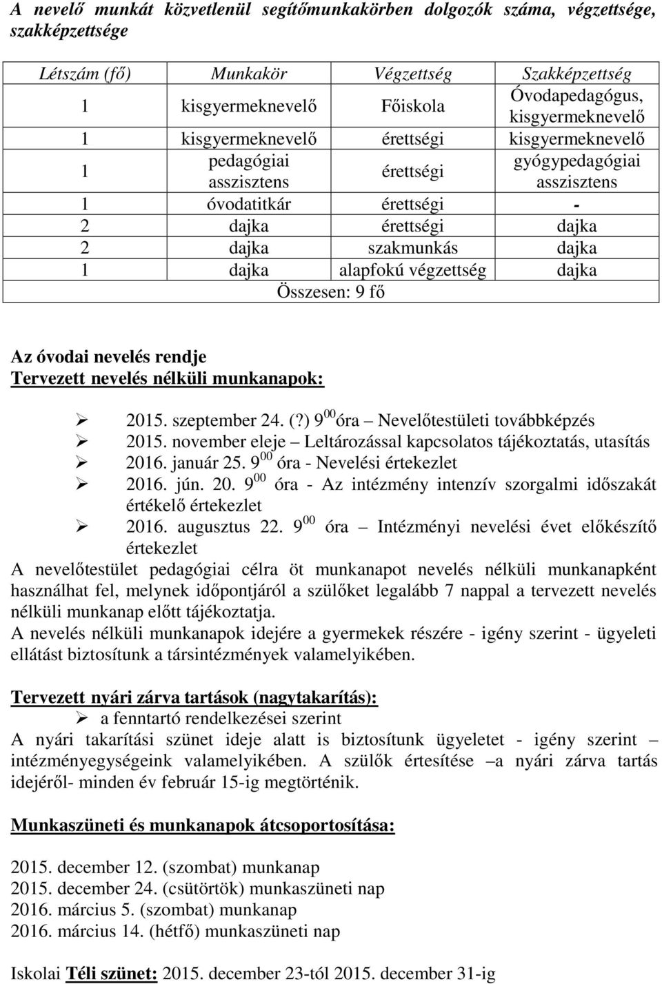 végzettség dajka Összesen: 9 fő Az óvodai nevelés rendje Tervezett nevelés nélküli munkanapok: 2015. szeptember 24. (?) 9 00 óra Nevelőtestületi továbbképzés 2015.
