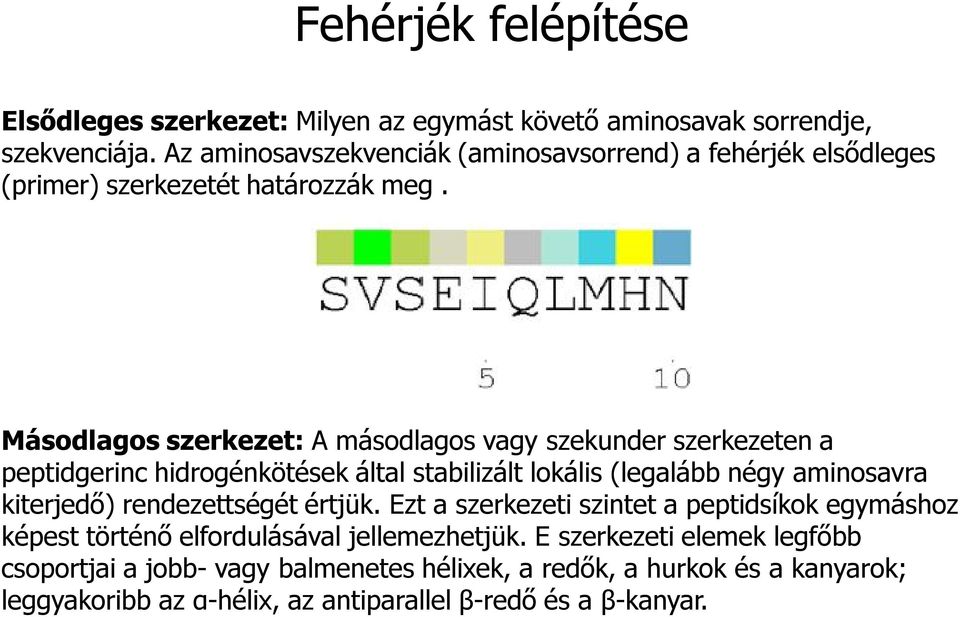 Másodlagos szerkezet: A másodlagos vagy szekunder szerkezeten a peptidgerinc hidrogénkötések által stabilizált lokális (legalább négy aminosavra kiterjedő)
