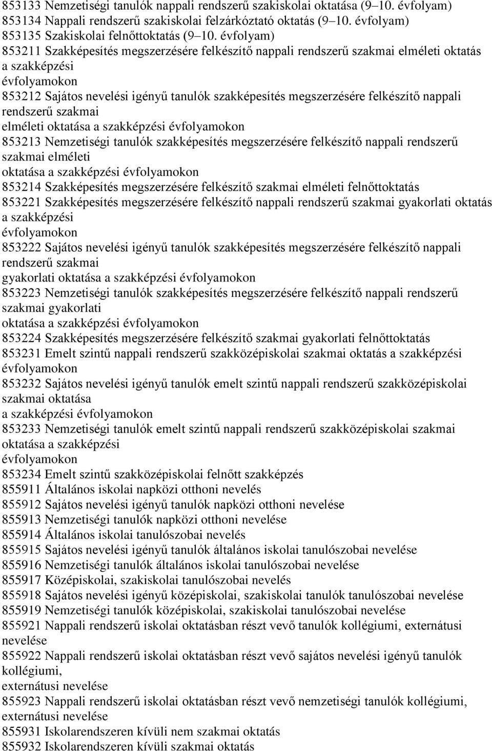 felkészítő nappali rendszerű szakmai elméleti oktatása a szakképzési évfolyamokon 853213 Nemzetiségi tanulók szakképesítés megszerzésére felkészítő nappali rendszerű szakmai elméleti oktatása a