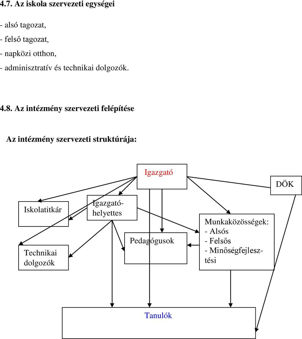 Az intézmény szervezeti felépítése Az intézmény szervezeti struktúrája: Igazgató DÖK