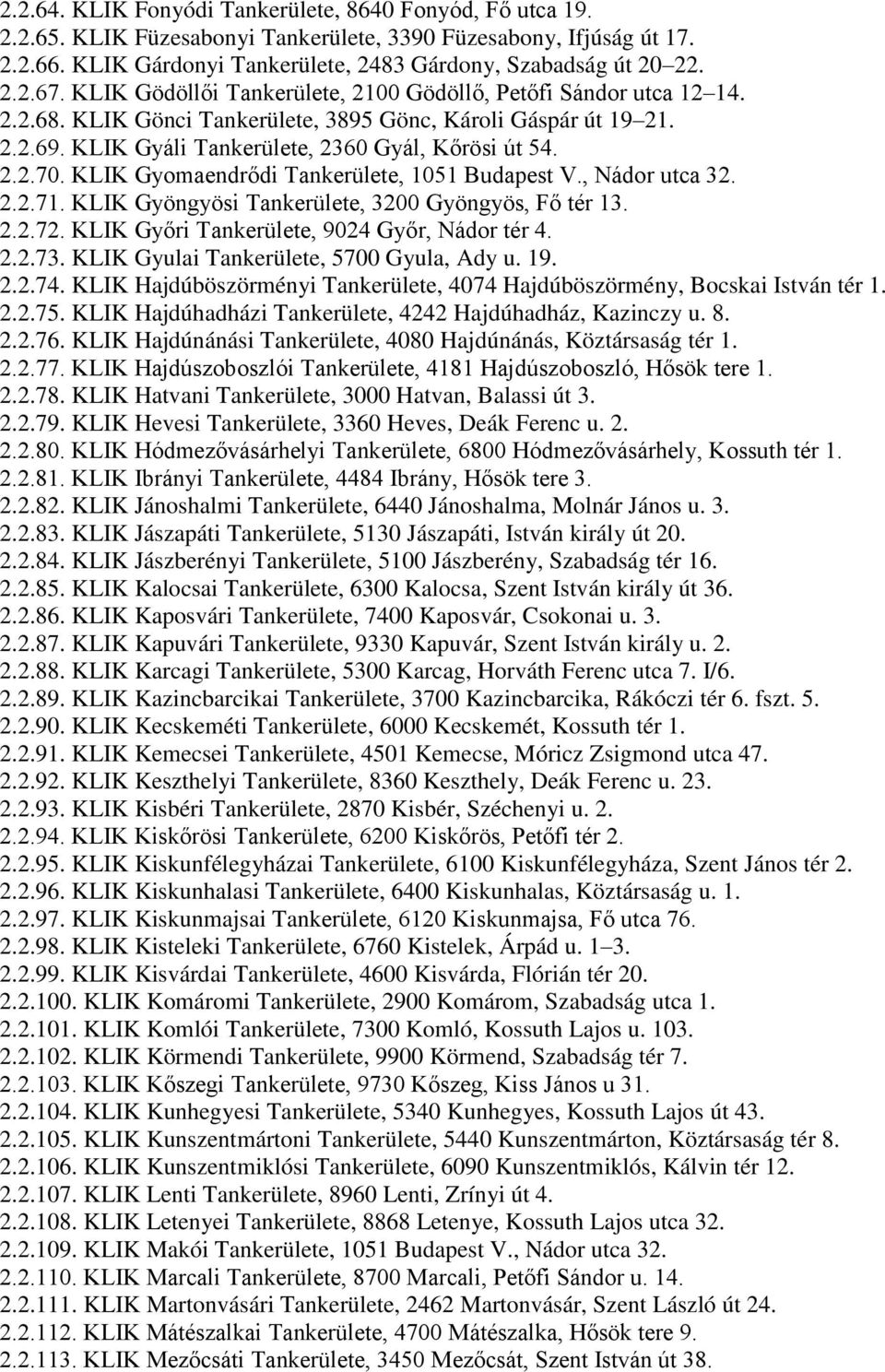 KLIK Gyomaendrődi Tankerülete, 1051 Budapest V., Nádor utca 32. 2.2.71. KLIK Gyöngyösi Tankerülete, 3200 Gyöngyös, Fő tér 13. 2.2.72. KLIK Győri Tankerülete, 9024 Győr, Nádor tér 4. 2.2.73.