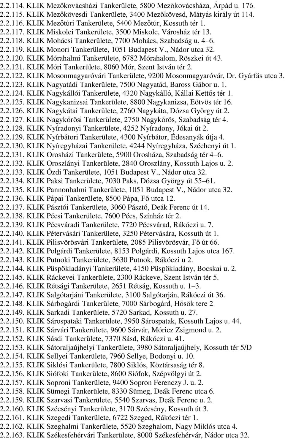 KLIK Monori Tankerülete, 1051 Budapest V., Nádor utca 32. 2.2.120. KLIK Mórahalmi Tankerülete, 6782 Mórahalom, Röszkei út 43. 2.2.121. KLIK Móri Tankerülete, 8060 Mór, Szent István tér 2. 2.2.122.