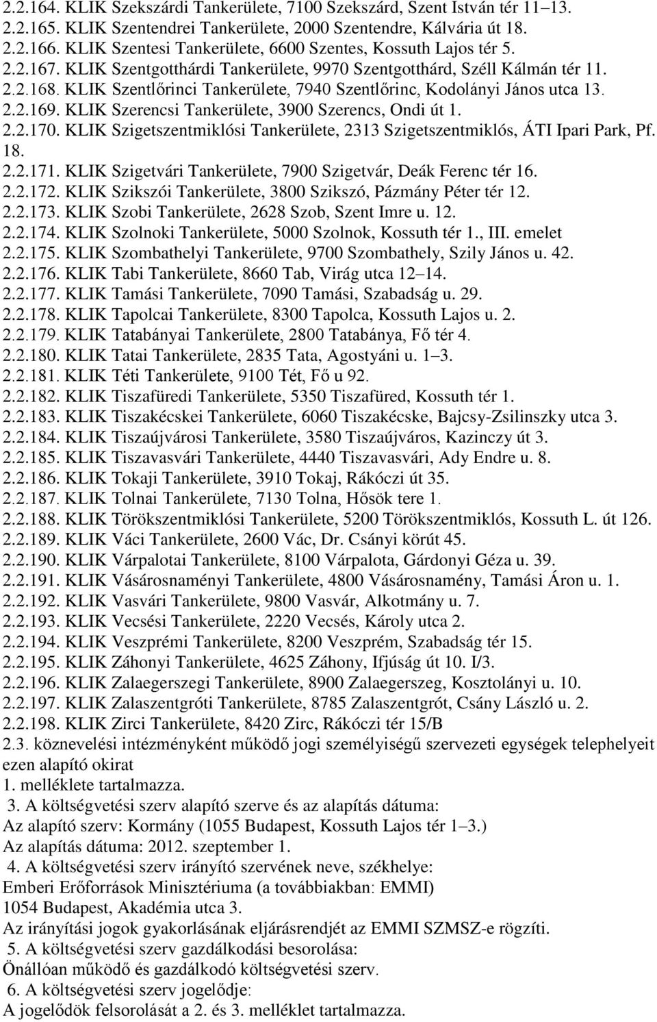 KLIK Szentlőrinci Tankerülete, 7940 Szentlőrinc, Kodolányi János utca 13. 2.2.169. KLIK Szerencsi Tankerülete, 3900 Szerencs, Ondi út 1. 2.2.170.