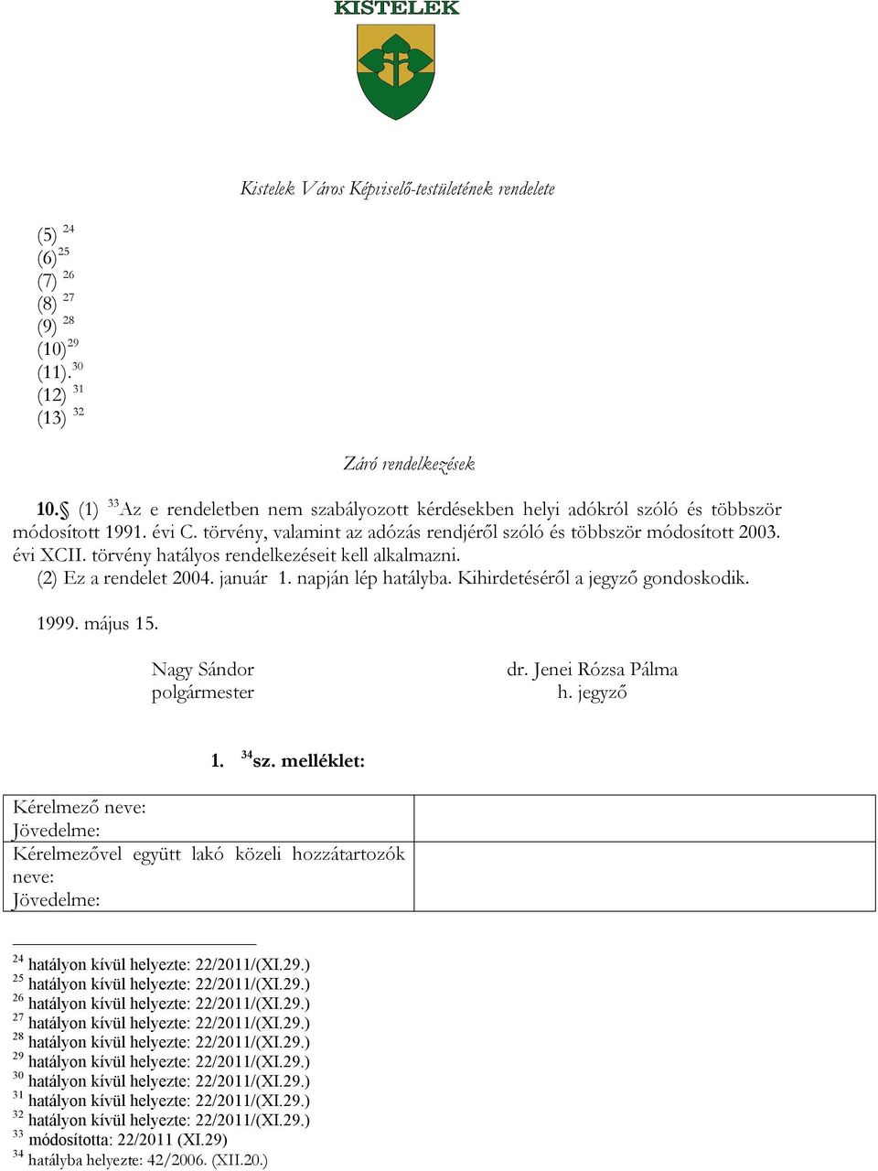 Kihirdetéséről a jegyző gondoskodik. 1999. május 15. Nagy Sándor polgármester dr. Jenei Rózsa Pálma h. jegyző 1. 34 sz.
