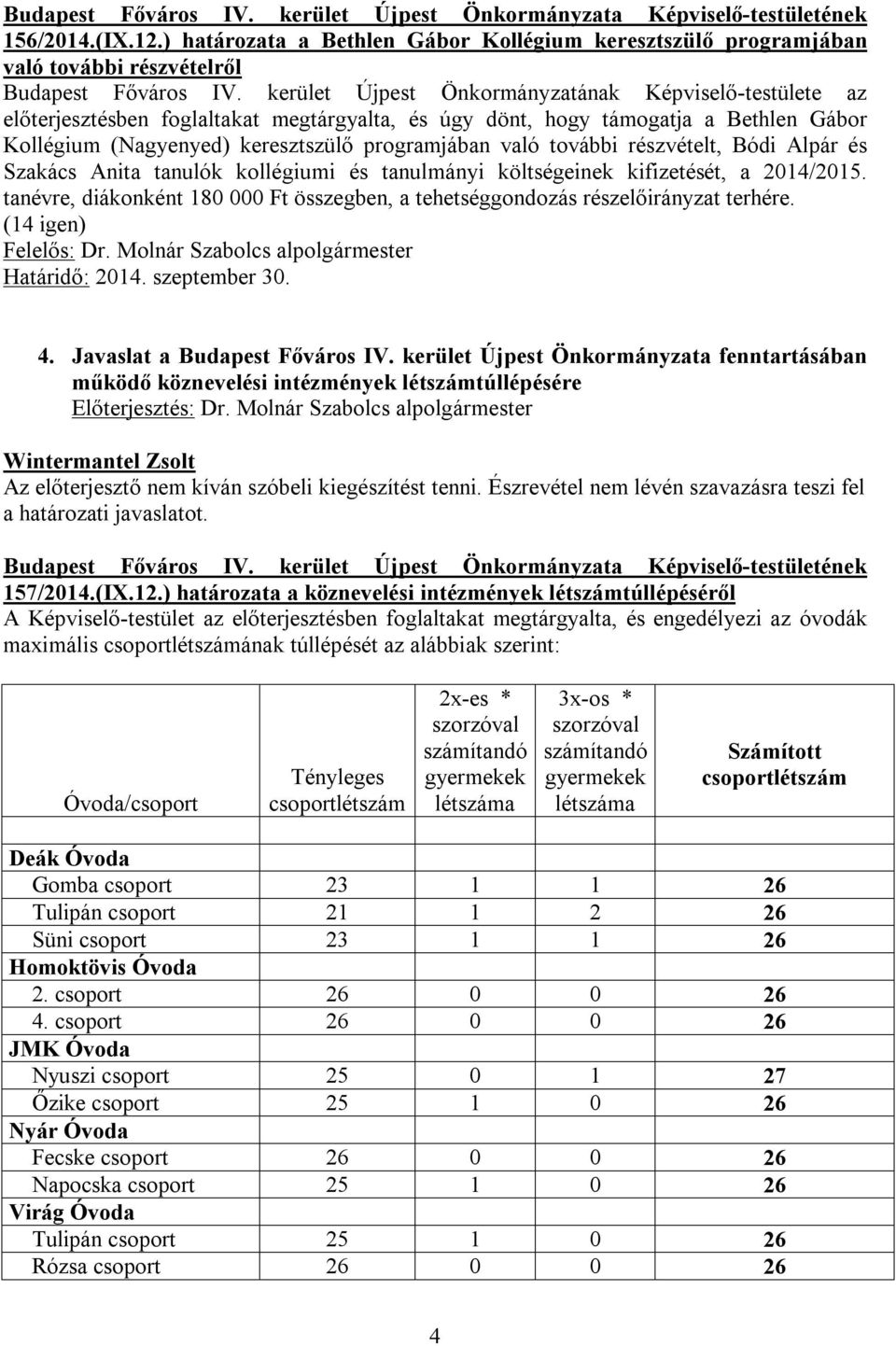 további részvételt, Bódi Alpár és Szakács Anita tanulók kollégiumi és tanulmányi költségeinek kifizetését, a 2014/2015.