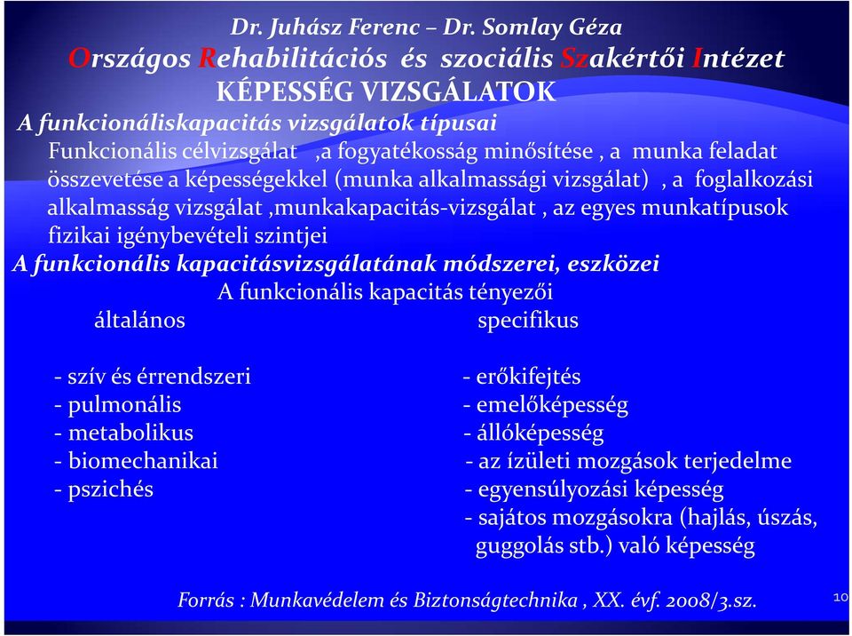 feladat összevetése a képességekkel (munka alkalmassági vizsgálat), a foglalkozási alkalmasság vizsgálat,munkakapacitás vizsgálat, az egyes munkatípusok fizikai igénybevételi szintjei A funkcionális