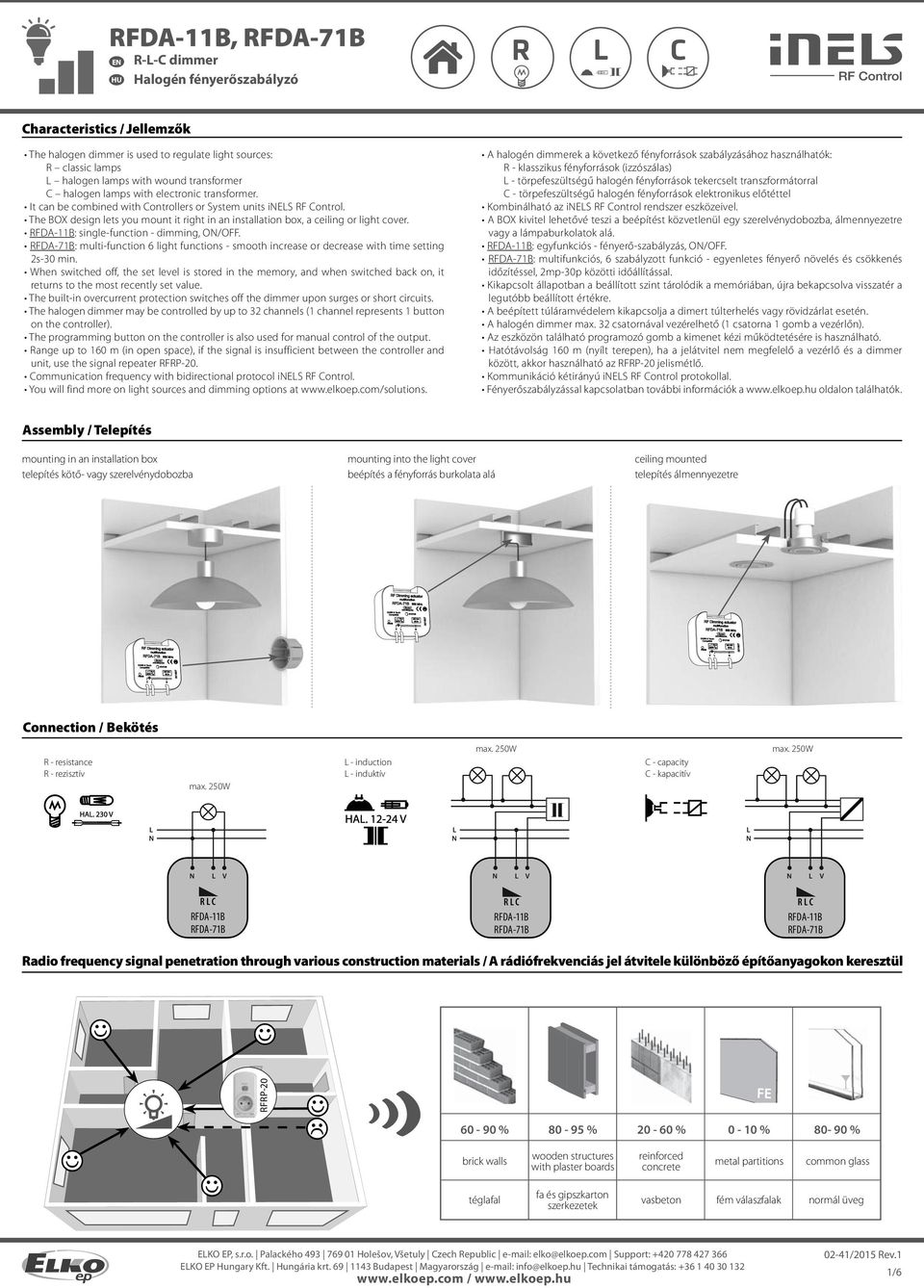 RFDA-B: single-function - dimming, O/OFF. RFDA-7B: multi-function 6 light functions - smooth increase or decrease with time setting s-0 min.