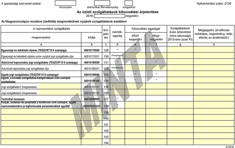2015-bn (zr Ft) Eyzséi és békélttő ljárás (TESZOR'15 6 számjy) A6910170000 129 Eyzséi és békélttő ljárás során nyújtott joi szoláltatás íja A6910170001 130 Aukcióval kapcsolatos joi szoláltatás