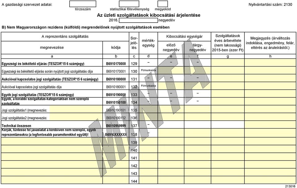 lakossái) 2015-bn (zr Ft) Eyzséi és békélttő ljárás (TESZOR'15 6 számjy) B6910170000 129 Eyzséi és békélttő ljárás során nyújtott joi szoláltatás íja B6910170001 130 Aukcióval kapcsolatos joi