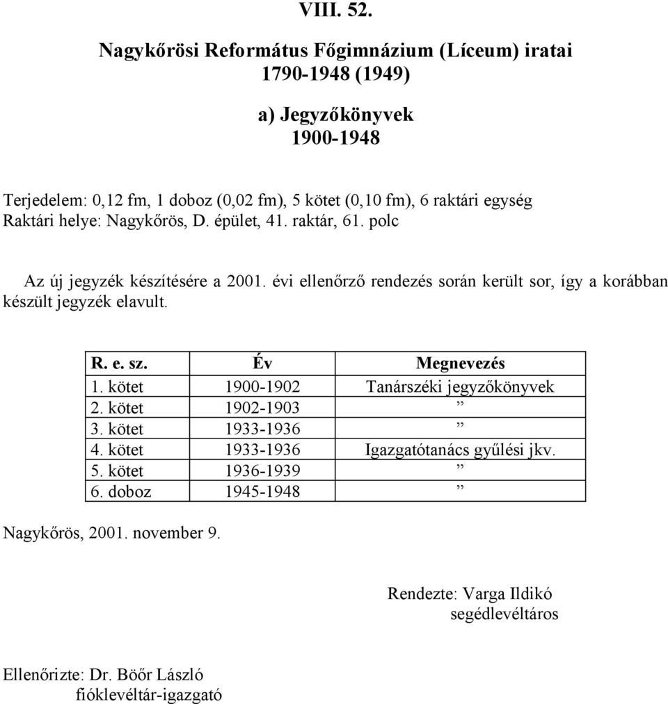 Év Megnevezés 1. kötet 1900-1902 Tanárszéki jegyzőkönyvek 2. kötet 1902-1903 3. kötet 1933-1936 4. kötet 1933-1936 Igazgatótanács gyűlési jkv. 5.