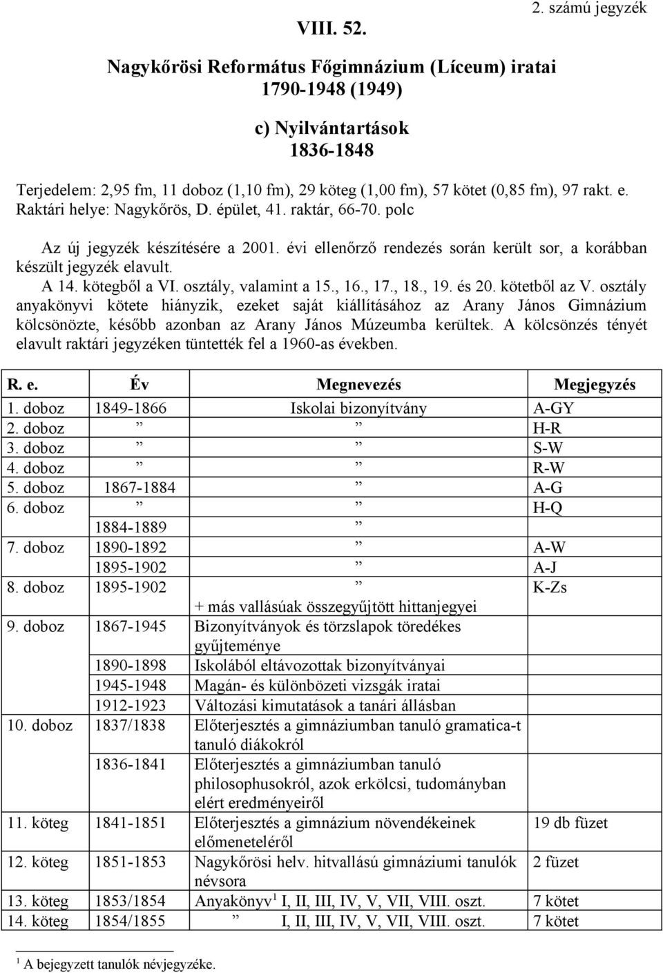 és 20. kötetből az V. osztály anyakönyvi kötete hiányzik, ezeket saját kiállításához az Arany János Gimnázium kölcsönözte, később azonban az Arany János Múzeumba kerültek.