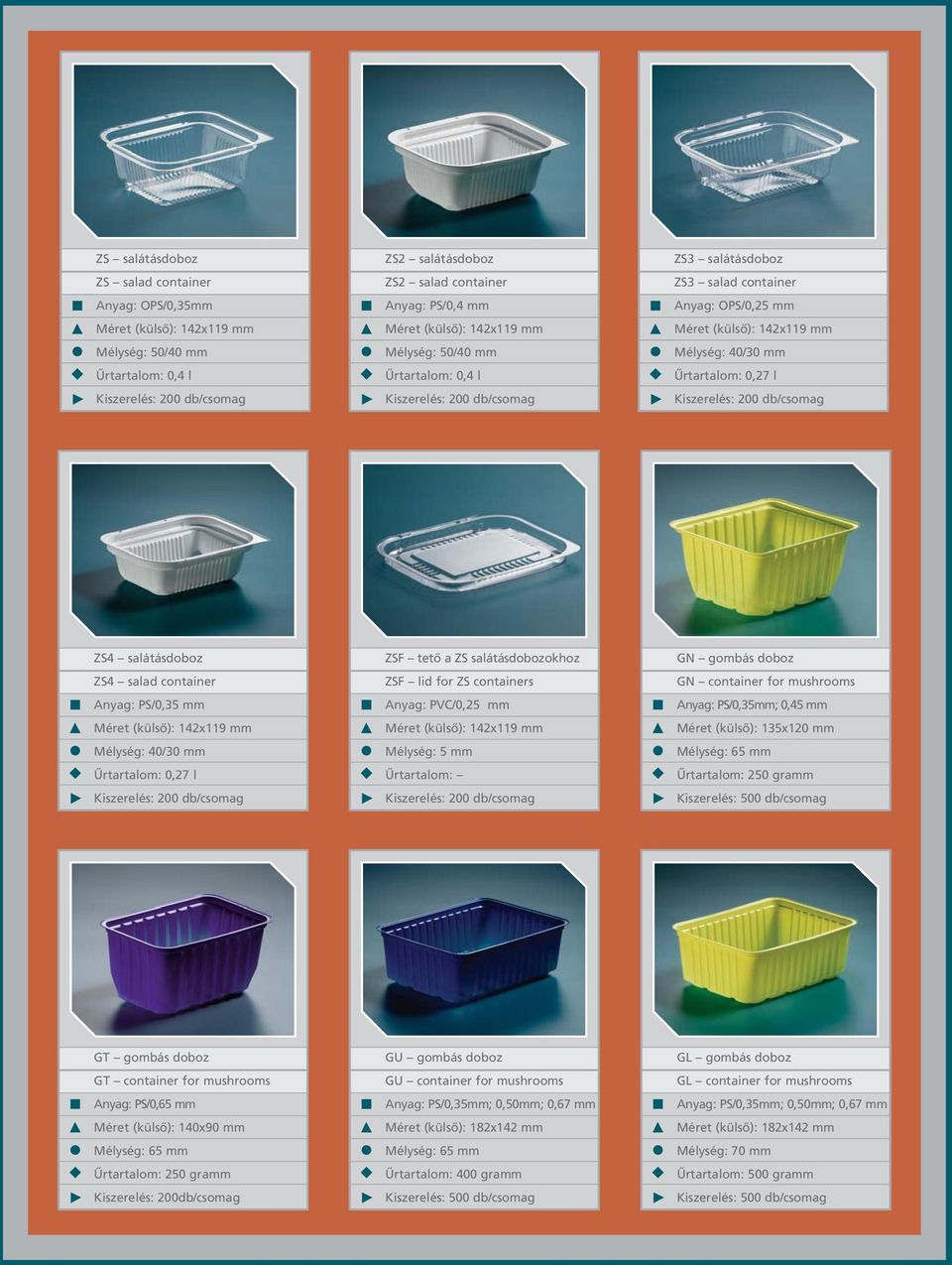 Mélység: 40/30 mm Ûrtartalom: 0,27 l ZSF tetô a ZS salátásdobozokhoz ZSF lid for ZS containers Anyag: PVC/0,25 mm Méret (külsô): 142x119 mm GN gombás doboz GN container for mushrooms Anyag: