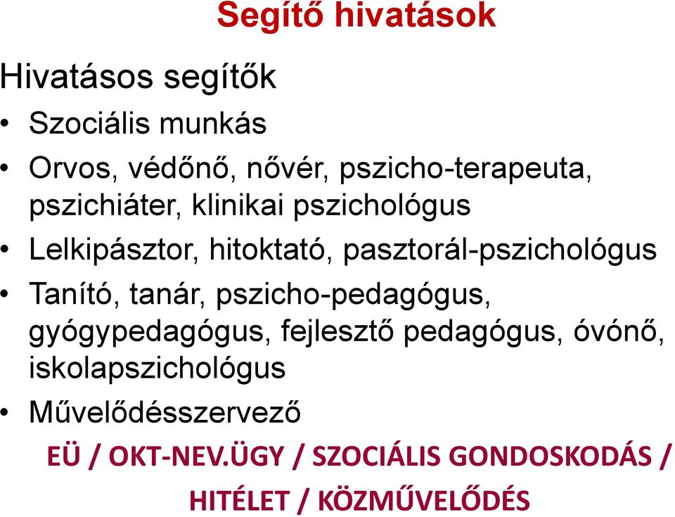 pasztorál-pszichológus Tanító, tanár, pszicho-pedagógus, gyógypedagógus, fejlesztő