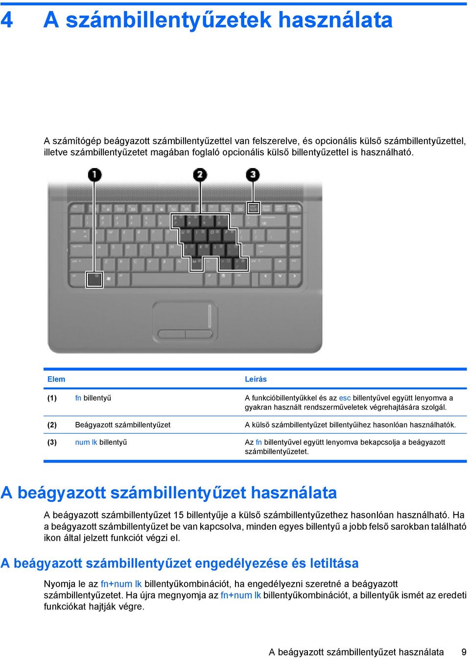 (2) Beágyazott számbillentyűzet A külső számbillentyűzet billentyűihez hasonlóan használhatók. (3) num lk billentyű Az fn billentyűvel együtt lenyomva bekapcsolja a beágyazott számbillentyűzetet.