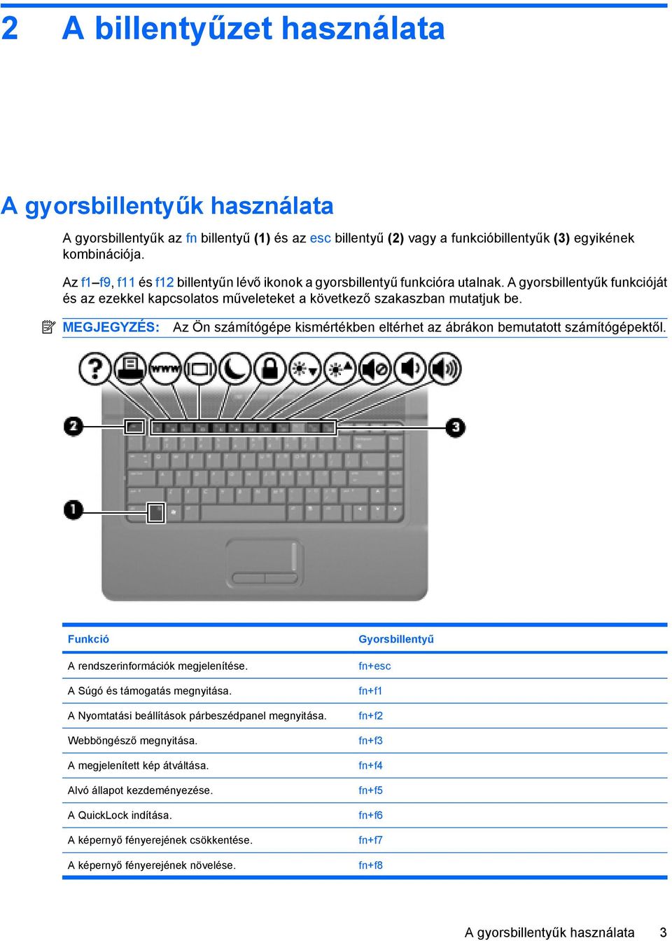 MEGJEGYZÉS: Az Ön számítógépe kismértékben eltérhet az ábrákon bemutatott számítógépektől. Funkció Gyorsbillentyű A rendszerinformációk megjelenítése. A Súgó és támogatás megnyitása.