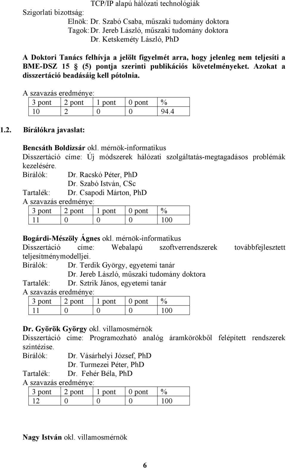 Azokat a disszertáció beadásáig kell pótolnia. 10 2 0 0 94.4 1.2. Bírálókra javaslat: Bencsáth Boldizsár okl.