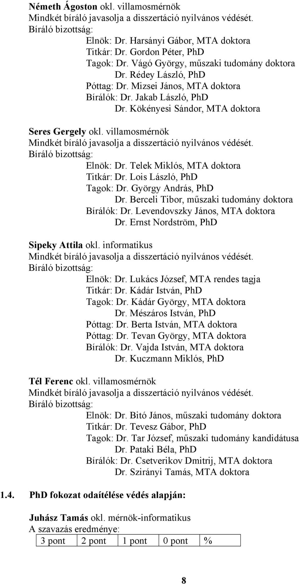 Lois László, PhD Tagok: Dr. György András, PhD Dr. Berceli Tibor, műszaki tudomány doktora Bírálók: Dr. Levendovszky János, MTA doktora Dr. Ernst Nordström, PhD Sipeky Attila okl.