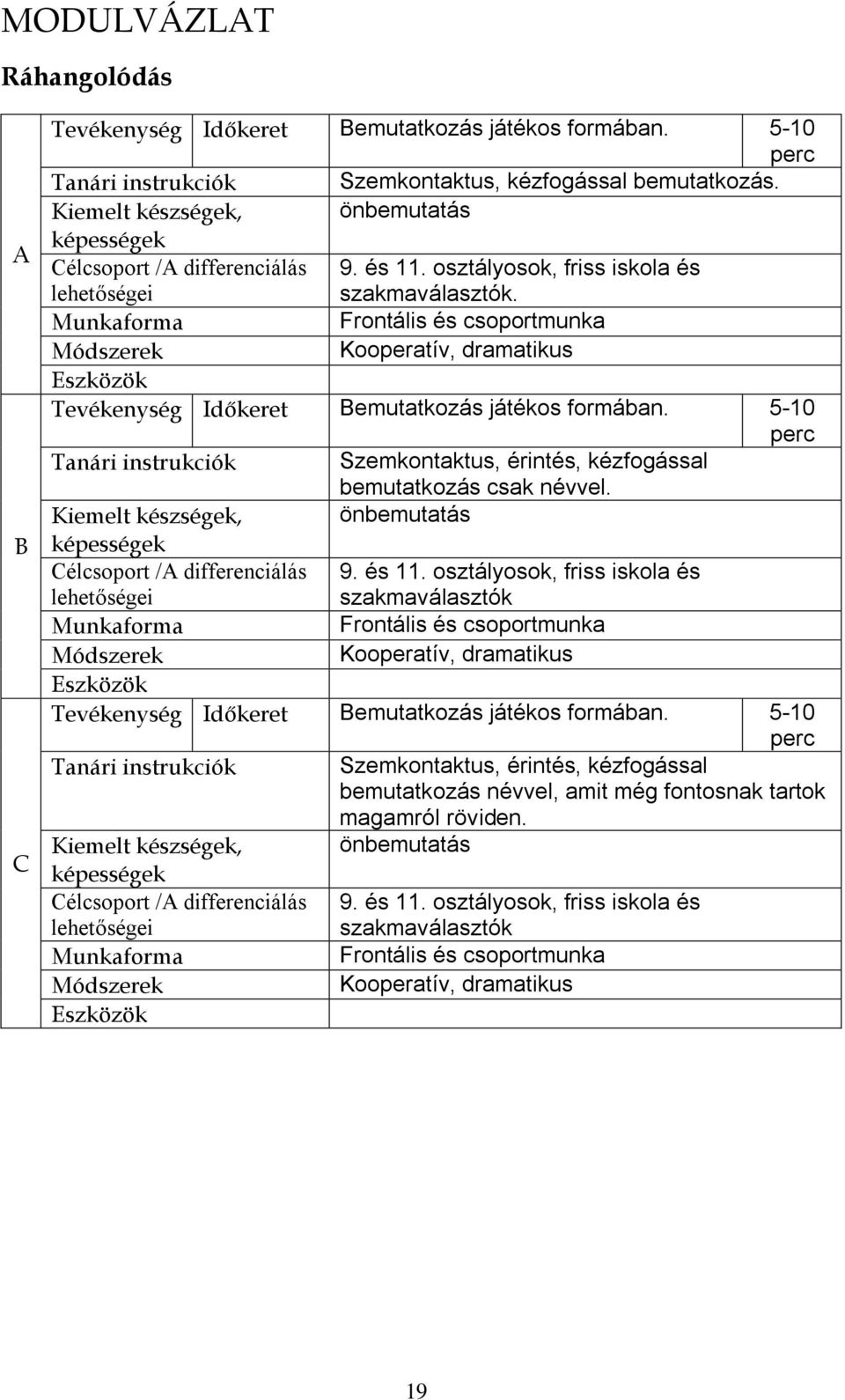 5-10 Szemkontaktus, érintés, kézfogással bemutatkozás csak névvel. önbemutatás 9. és 11.