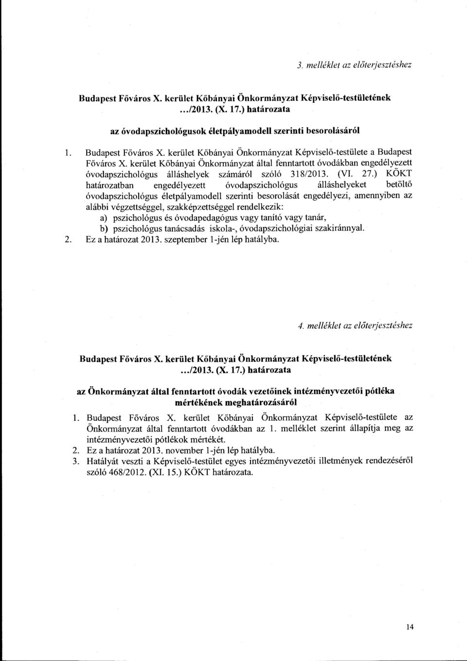 kerület Kőbányai Önkormányzat által fenntartott óvodákban engedélyezett óvodapszichológus álláshelyek számáról szóló 318/2013. (VI. 27.