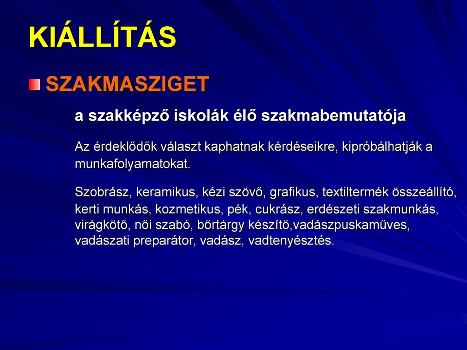 Szobrász, keramikus, kézi szövő, grafikus, textiltermék összeállító, kerti munkás, kozmetikus,