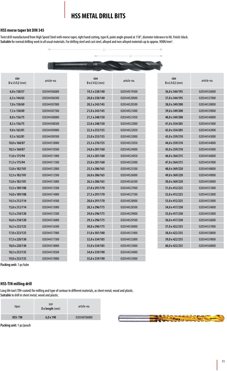 L1 L2 6,0 x 138/57 020344506000 19,5 x 238/140 020344519500 36,0 x 344/195 020344536000 6,5 x 144/63 020344506500 20,0 x 238/140 020344520000 37,0 x 344/195 020344537000 7,0 x 150/69 020344507000