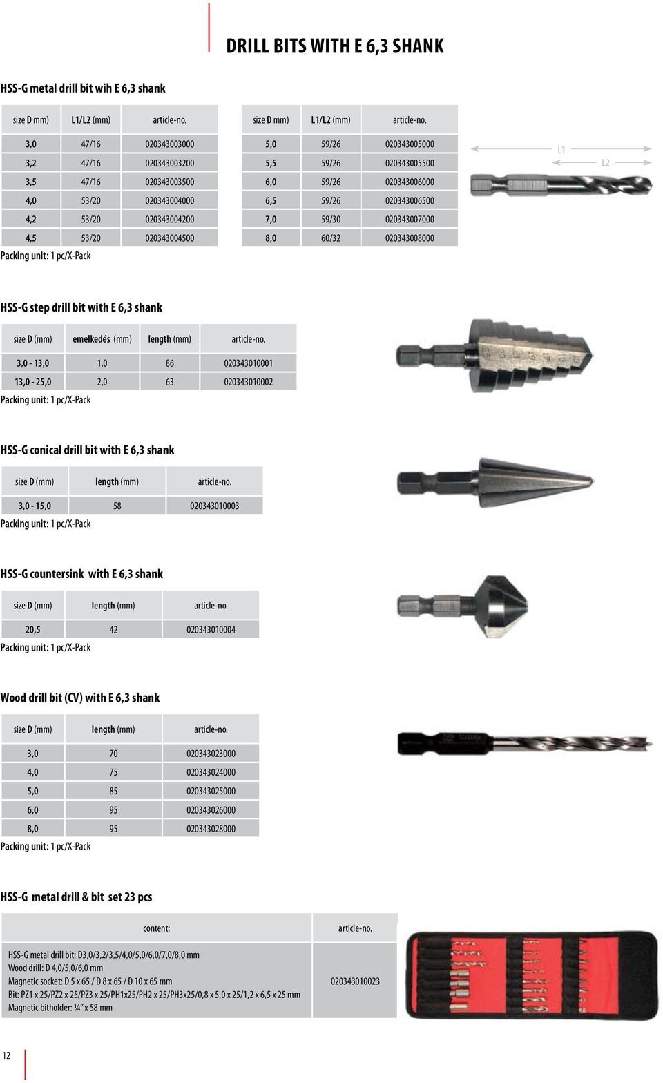 pc/x-pack L1 L2 HSS-G step drill bit with E 6,3 shank D (mm) emelkedés (mm) length (mm) 3,0-13,0 1,0 86 020343010001 13,0-25,0 2,0 63 020343010002 Packing unit: 1 pc/x-pack HSS-G conical drill bit