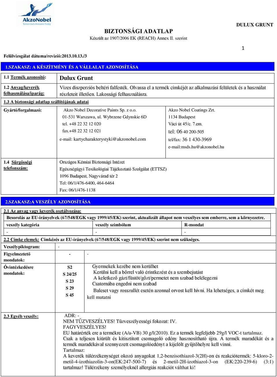 Gyártó/forgalmazó: Akzo Nobel Decorative Paints Sp. z o.o. 01-531 Warszawa, ul. Wybrzene Gdynskie 6D tel. +48 22 32 12 020 fax.+48 22 32 12 021 e-mail: kartycharakterystyki@akzonobel.