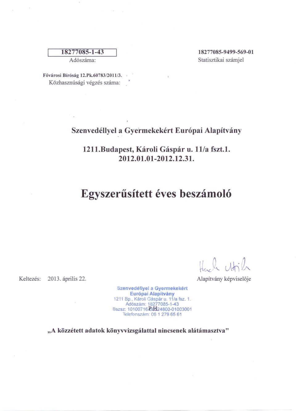 12.31. Egyszerűsített éves beszámoló f\c.x. Keltezés: 2013. április 22.