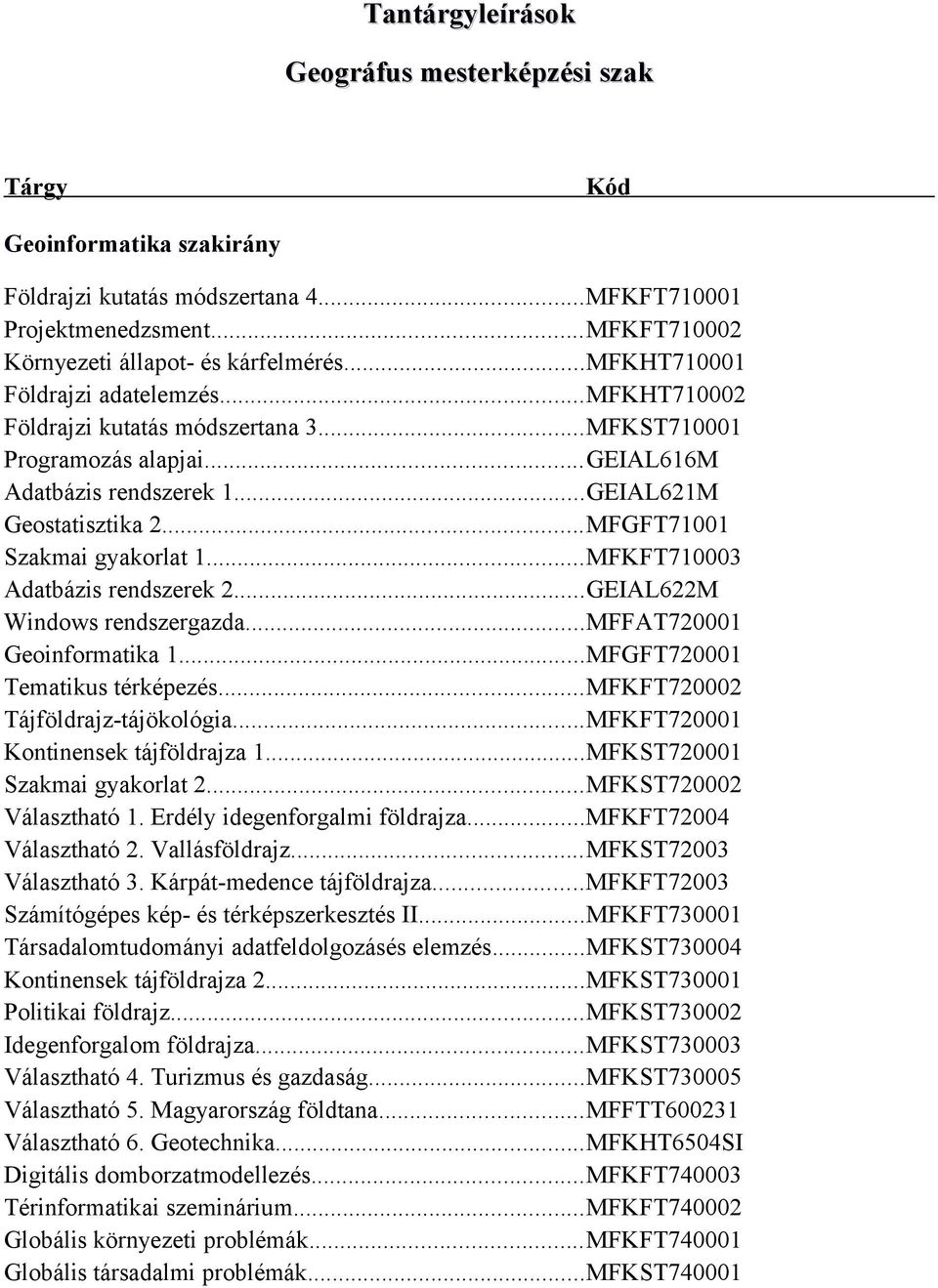 ..MFGFT71001 Szakmai gyakorlat 1...MFKFT710003 Adatbázis rendszerek 2...GEIAL622M Windows rendszergazda...mffat720001 Geoinformatika 1...MFGFT720001 Tematikus térképezés.