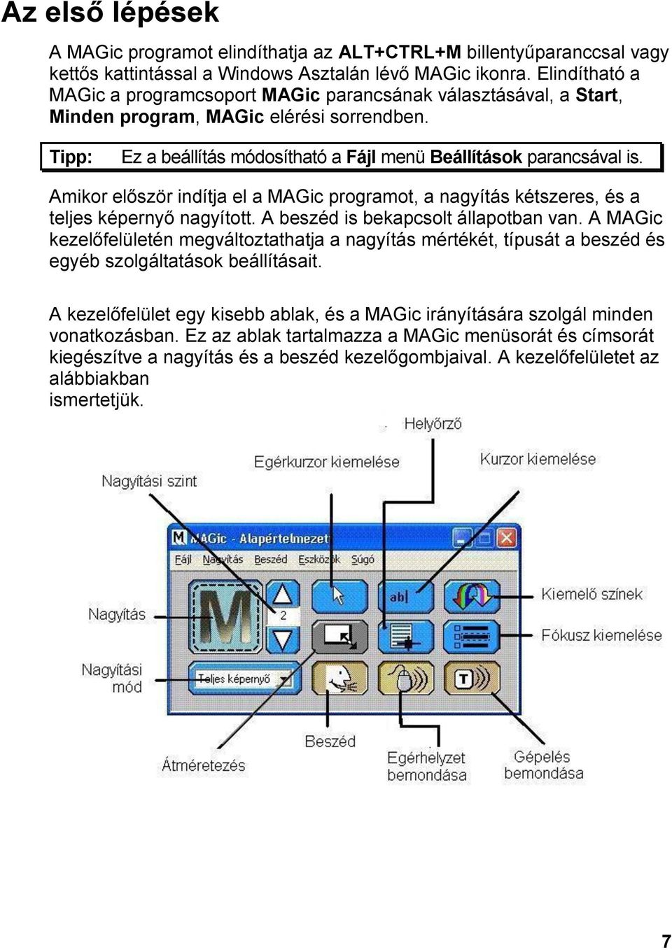 Amikor először indítja el a MAGic programot, a nagyítás kétszeres, és a teljes képernyő nagyított. A beszéd is bekapcsolt állapotban van.