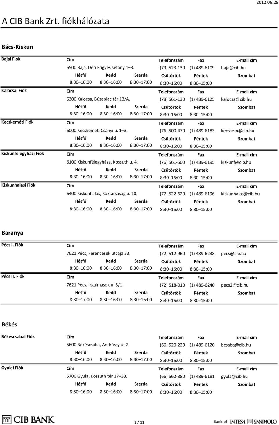 hu 6400 Kiskunhalas, Köztársaság u. 10. (77) 522-620 (1) 489-6196 kiskunhalas@cib.hu Baranya Pécs I. Fiók Pécs II. Fiók 7621 Pécs, Ferencesek utcája 33. (72) 512-960 (1) 489-6238 pecs@cib.
