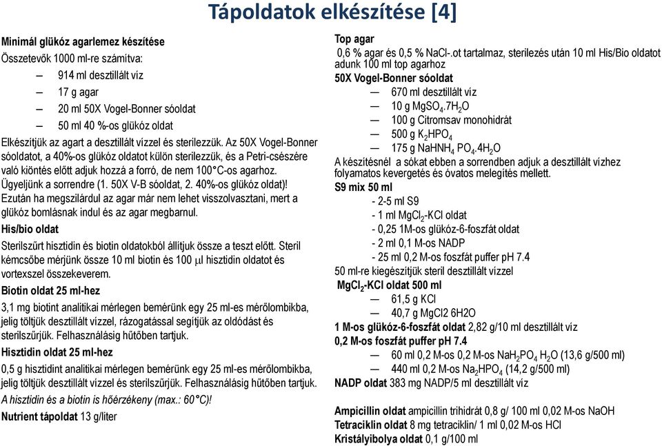 50X V-B sóoldat, 2. 40%-os glükóz oldat)! Ezután ha megszilárdul az agar már nem lehet visszolvasztani, mert a glükóz bomlásnak indul és az agar megbarnul.