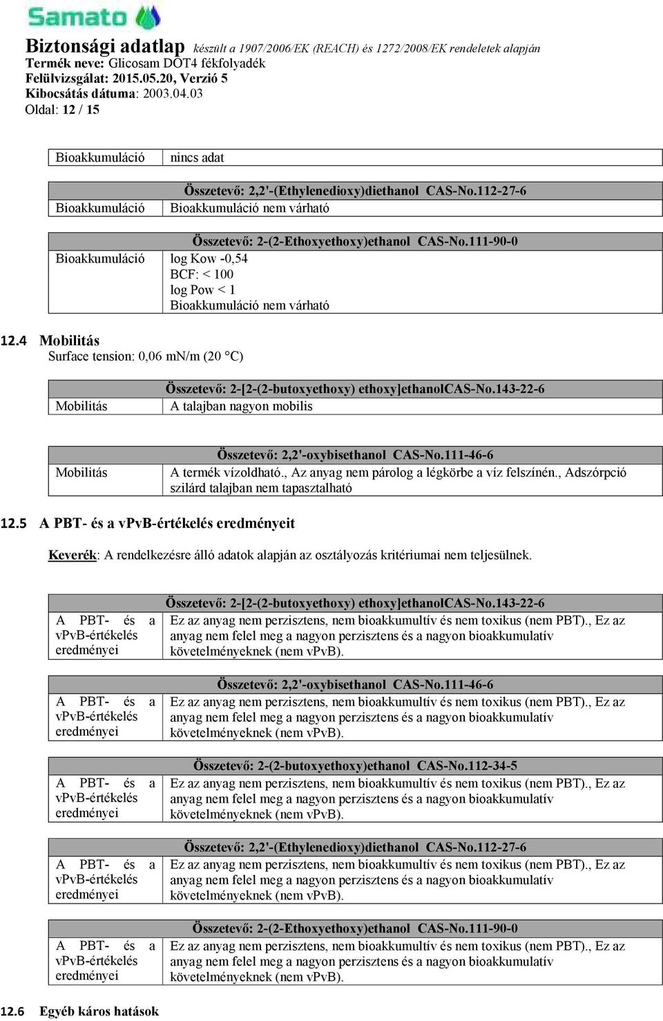 143-22-6 A talajban nagyon mobilis Mobilitás Összetevő: 2,2'-oxybisethanol CAS-No.111-46-6 A termék vízoldható., Az anyag nem párolog a légkörbe a víz felszínén.