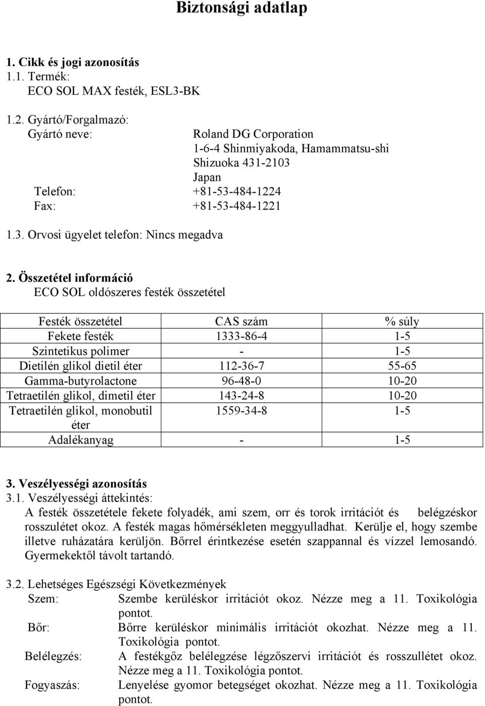 Összetétel információ ECO SOL oldószeres festék összetétel Festék összetétel CAS szám % súly Fekete festék 1333-86-4 1-5 Szintetikus polimer - 1-5 Dietilén glikol dietil éter 112-36-7 55-65