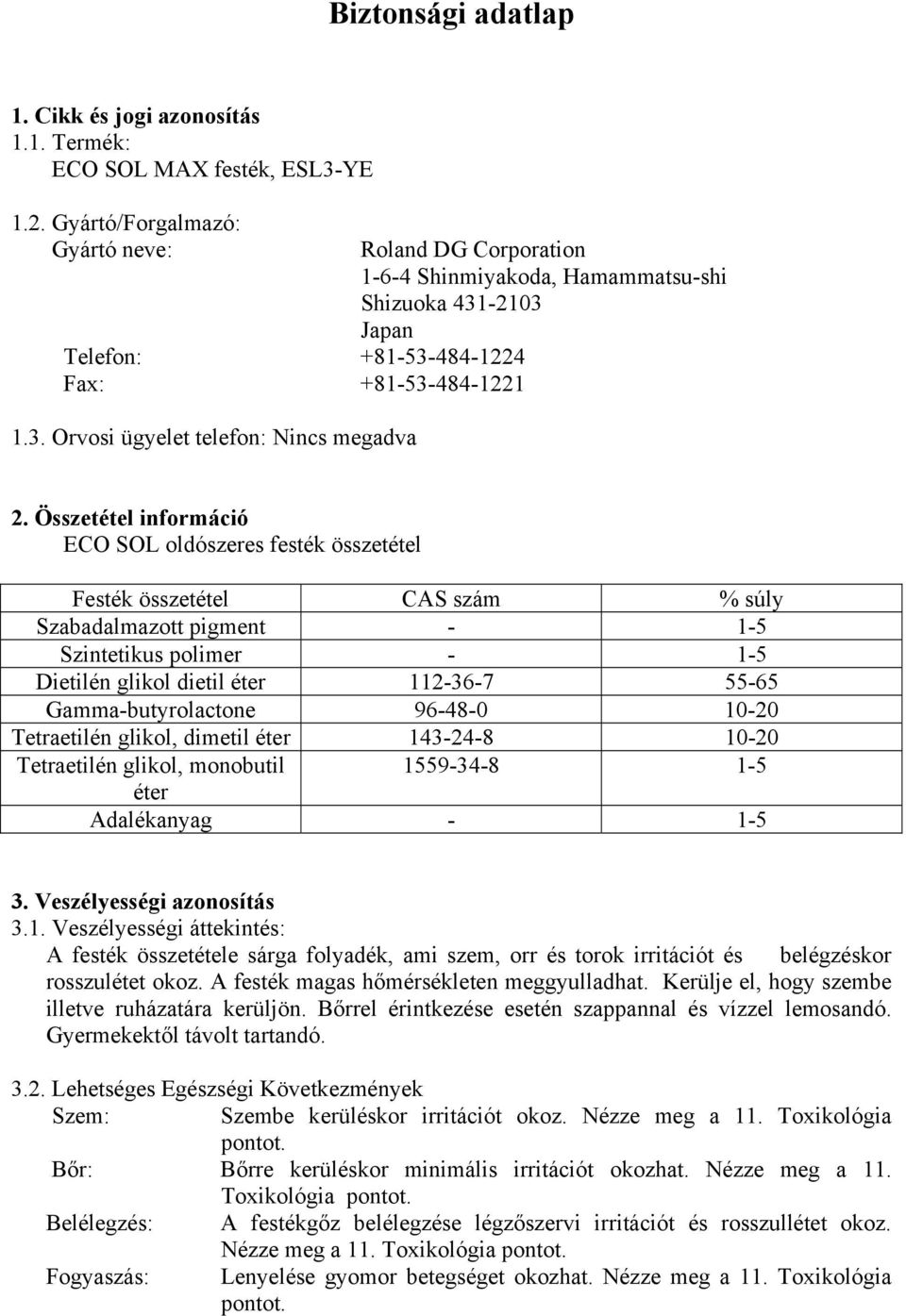 Összetétel információ ECO SOL oldószeres festék összetétel Festék összetétel CAS szám % súly Szabadalmazott pigment - 1-5 Szintetikus polimer - 1-5 Dietilén glikol dietil éter 112-36-7 55-65