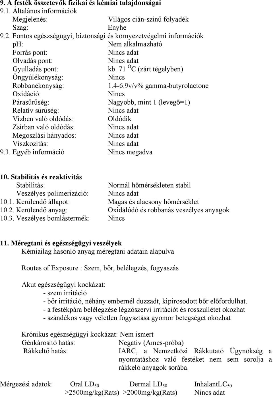 9v/v% gamma-butyrolactone Oxidáció: Nincs Párasűrűség: Nagyobb, mint 1 (levegő=1) Relatív sűrűség: Vízben való oldódás: Oldódik Zsírban való oldódás: Megoszlási hányados: Viszkozitás: 9.3.